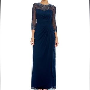 Long Beaded Illusion Crew Neck 3/4 Sleeve Ruched Dress size 12 Alex evenings